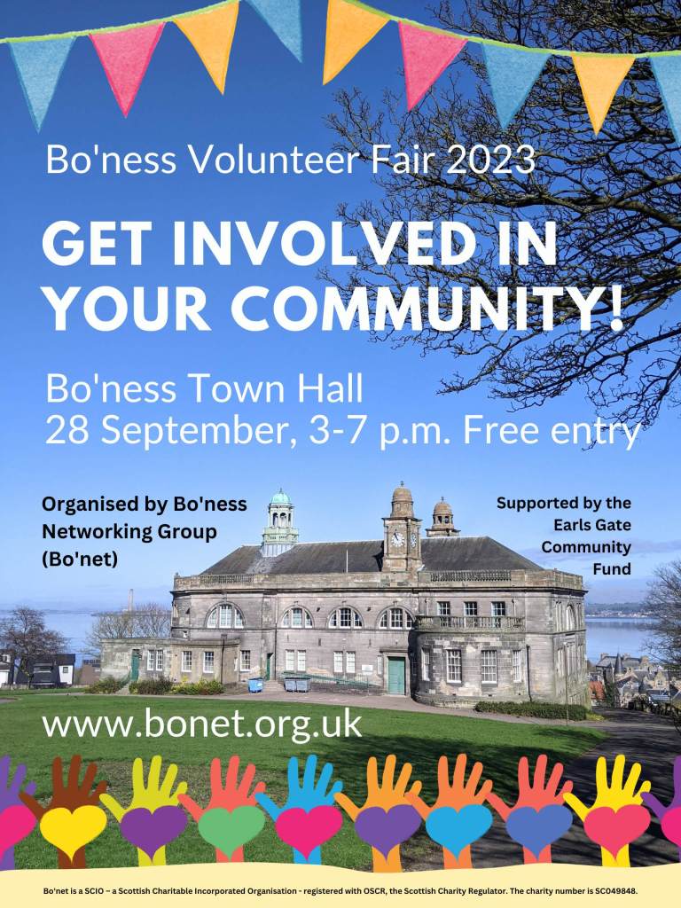 Poster for the 2023 Bo'ness Volunteer Fair showing Bo'ness Town Hall and coloured flags.
