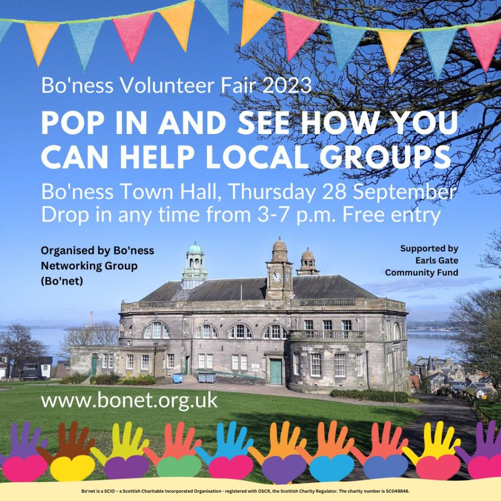 Poster saying "Bo'ness Volunteer Fair 2023 - Pop in and see how you can help local groups"